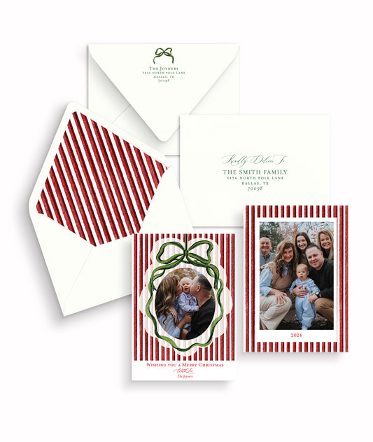 Striped with Love Green on Red Christmas Card